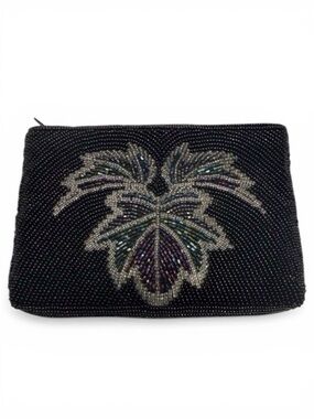 Neiman Marcus Black Beaded Clutch Coin Purse Pouch Intricate Iridescent Zip